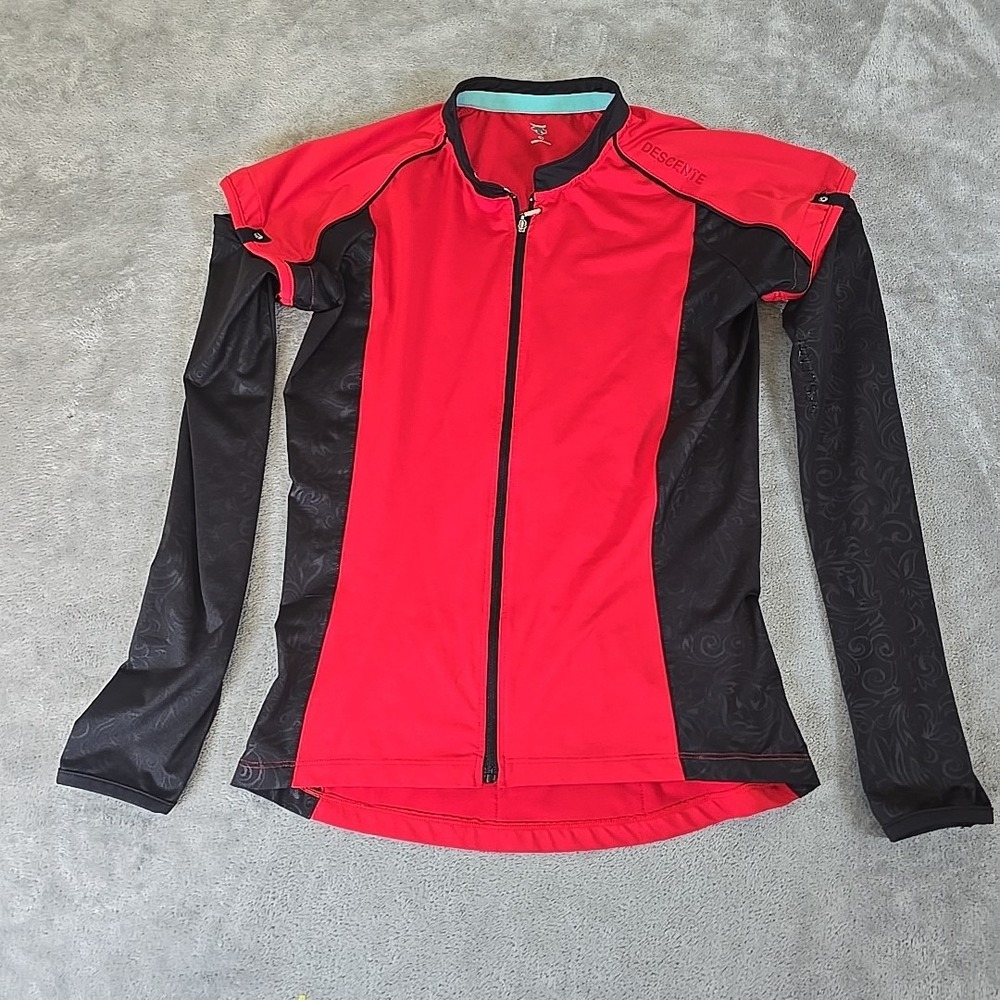Descente Shirt Adult Large Red/Black Cycling Jersey Snap Off Sleeves‎ Full Zip